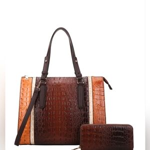 Elegant Brown Crocodile Pattern Handbag and Wallet Set